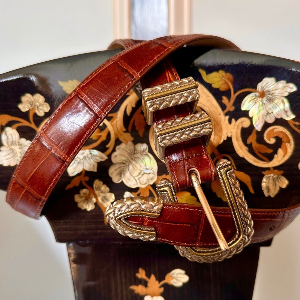 Brighton Cognac Leather Croc-Embossed Belt SZ M / 34 NOS